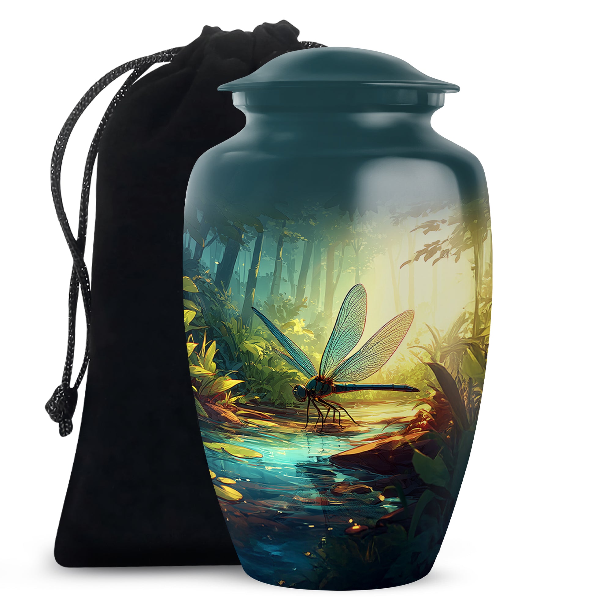 Deep Teal Dragonfly Cremation Urn angled view of lid and engraved motif - elegant classic dragonfly relief with fine detailing - full-size 10 inch 200 cubic inch adult cremation urn
