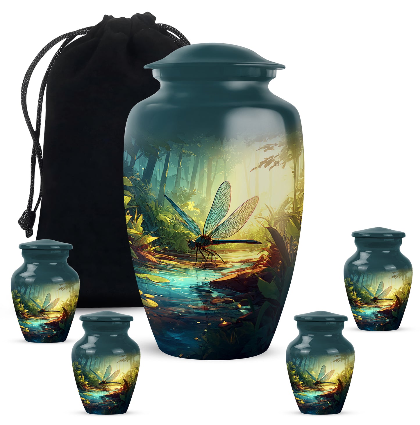 Aqua Teal Dragonfly Cremation Urn top-down view of secure threaded lid - traditional dragonfly engraving with hand-polished finish - memorial set with one large and four small urns
