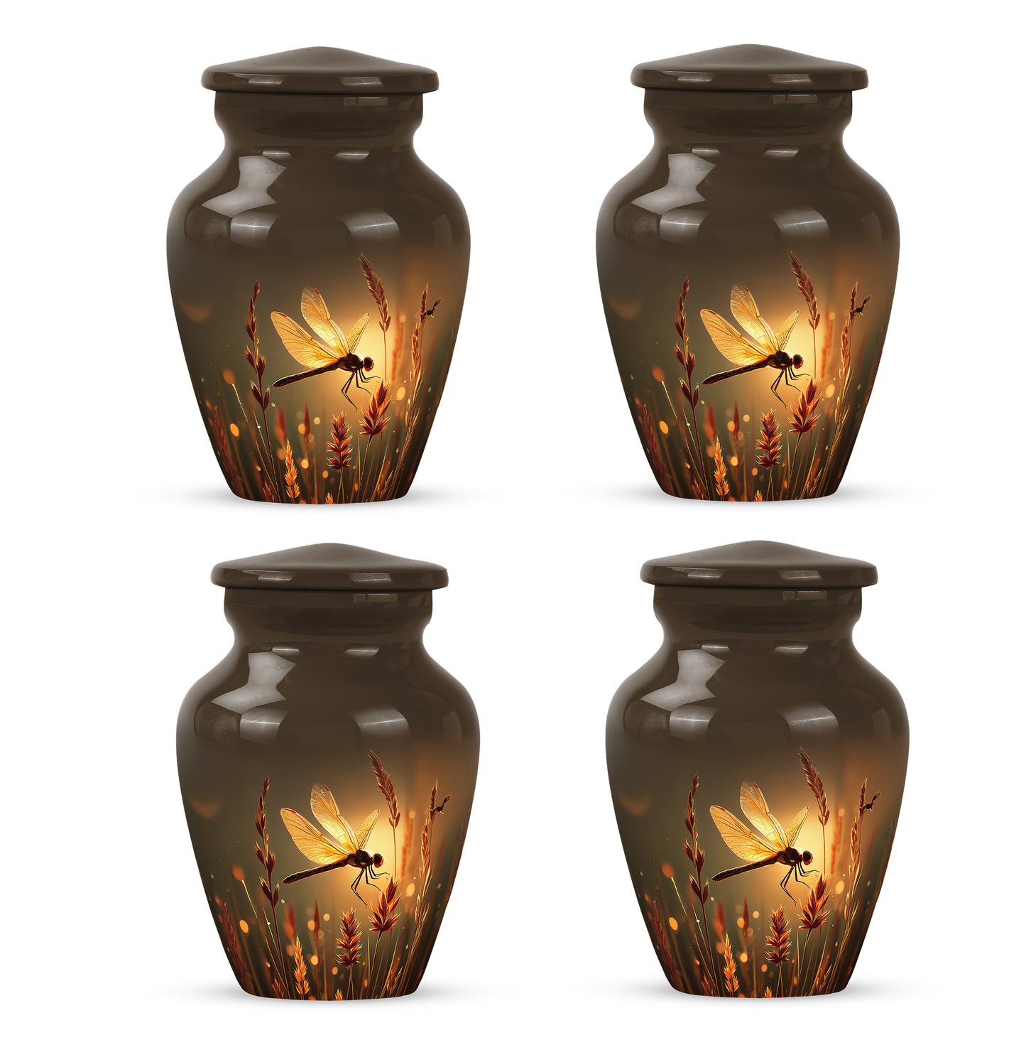Champagne Gold Dragonfly Cremation Urn side profile showing urn shape - timeless dragonfly motif etched into premium metal - 10 inch aluminum urn for cremated remains