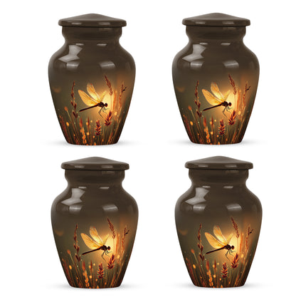 Champagne Gold Dragonfly Cremation Urn side profile showing urn shape - timeless dragonfly motif etched into premium metal - 10 inch aluminum urn for cremated remains