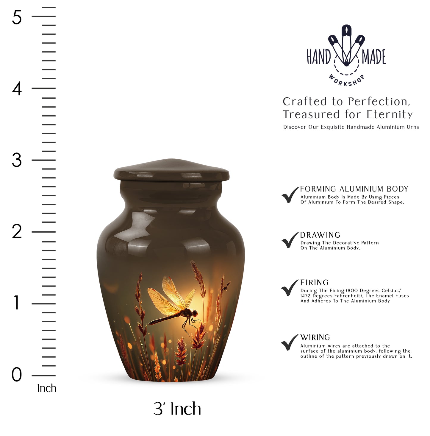 Amber Gold Dragonfly Cremation Urn close-up of engraving and surface detail - timeless dragonfly motif etched into premium metal - mini keepsake memorial for portion of cremation ashes
