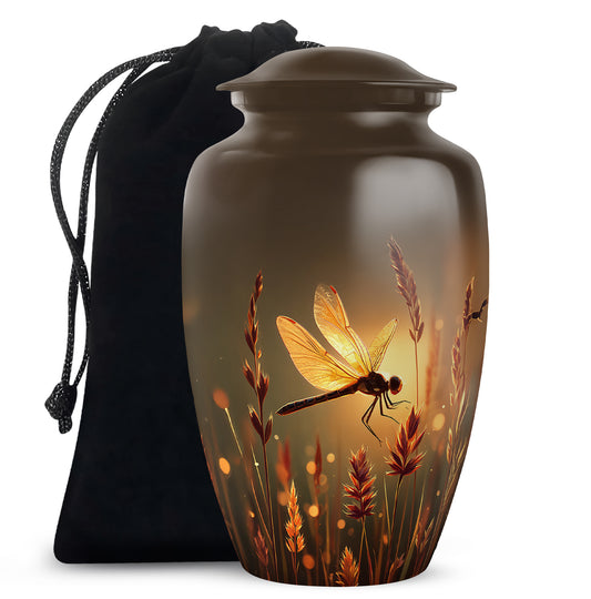 Champagne Gold Dragonfly Cremation Urn angled view of lid and engraved motif - classic sculpted dragonfly pattern on smooth aluminum - full-size 10 inch 200 cubic inch adult cremation urn