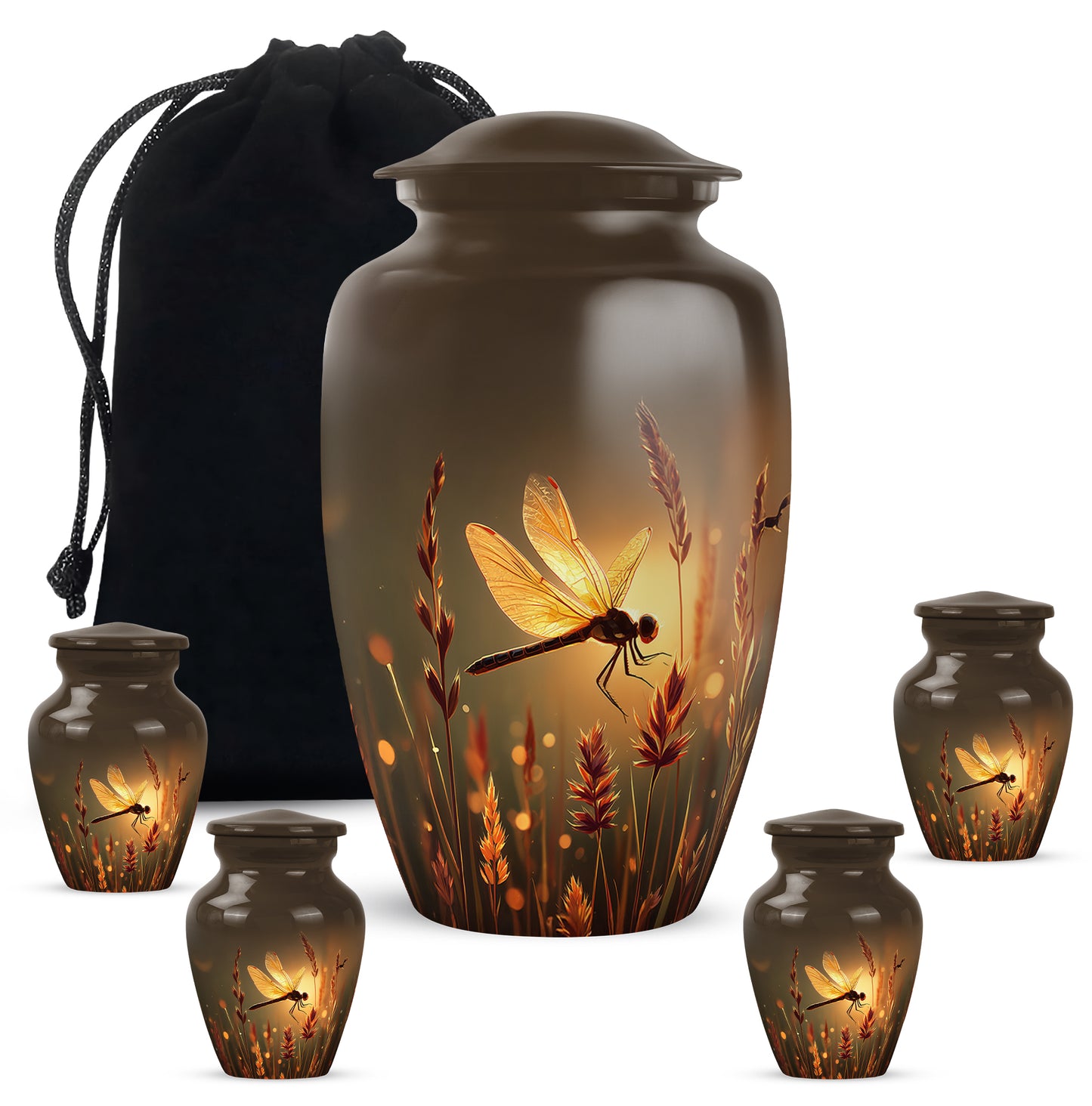 Amber Gold Dragonfly Cremation Urn top-down view of secure threaded lid - timeless dragonfly motif etched into premium metal - memorial set with one large and four small urns