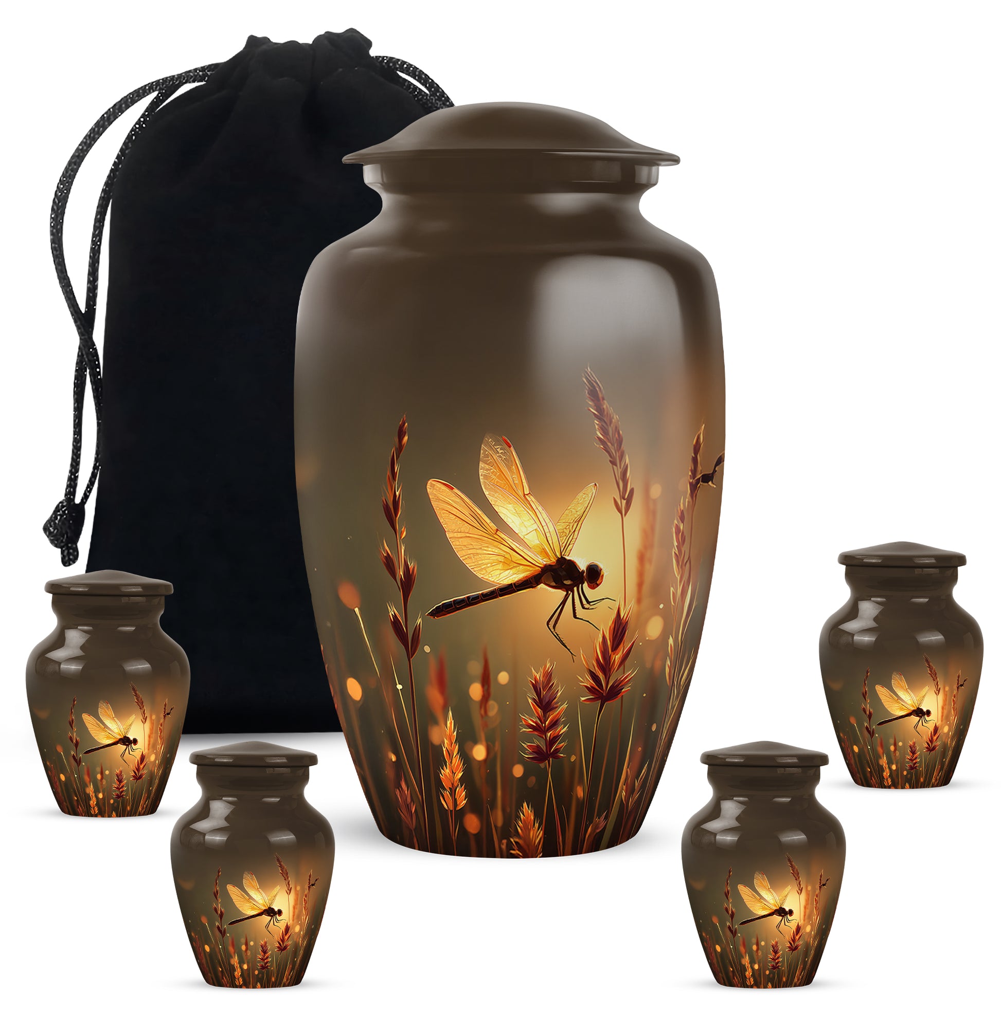 Amber Gold Dragonfly Cremation Urn top-down view of secure threaded lid - timeless dragonfly motif etched into premium metal - memorial set with one large and four small urns