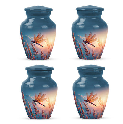 Powder Blue Dragonfly Cremation Urn side profile showing urn shape - classic sculpted dragonfly pattern on smooth aluminum - 10 inch aluminum urn for cremated remains