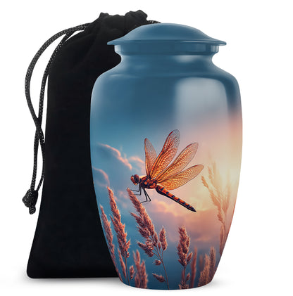 Vivid Blue Dragonfly Cremation Urn angled view of lid and engraved motif - traditional dragonfly engraving with hand-polished finish - full-size 10 inch 200 cubic inch adult cremation urn