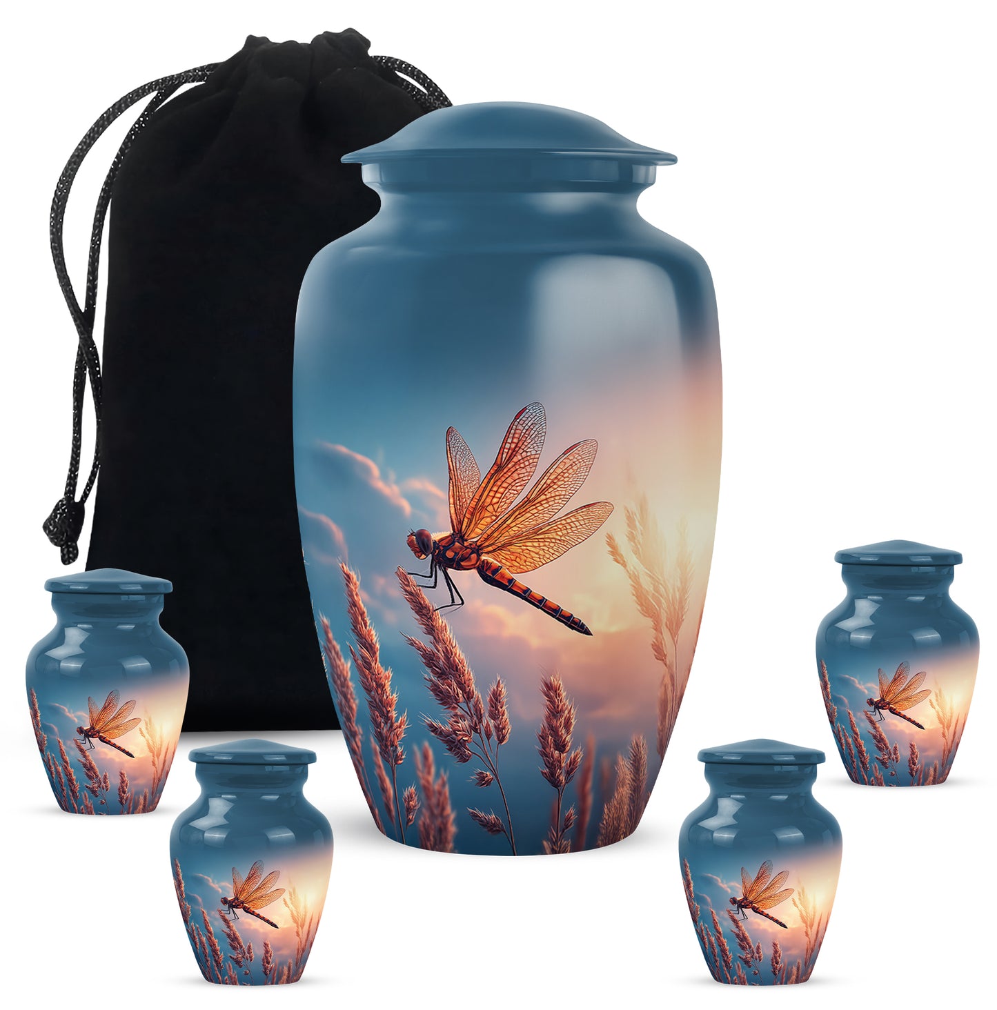 Sapphire Blue Dragonfly Cremation Urn top-down view of secure threaded lid - elegant classic dragonfly relief with fine detailing - memorial set with one large and four small urns