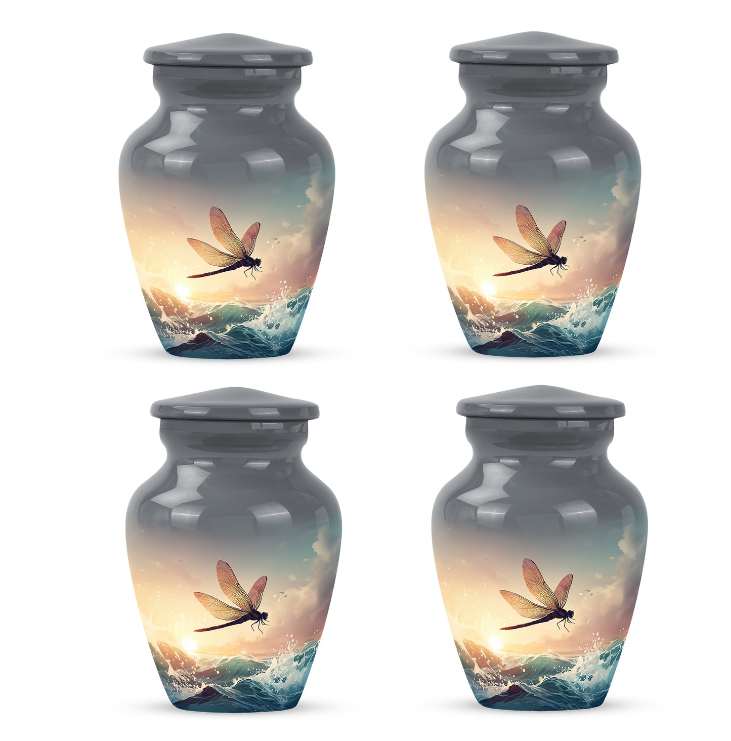 Ash Gray Dragonfly Cremation Urn side profile showing urn shape - traditional dragonfly engraving with hand-polished finish - 10 inch aluminum urn for cremated remains