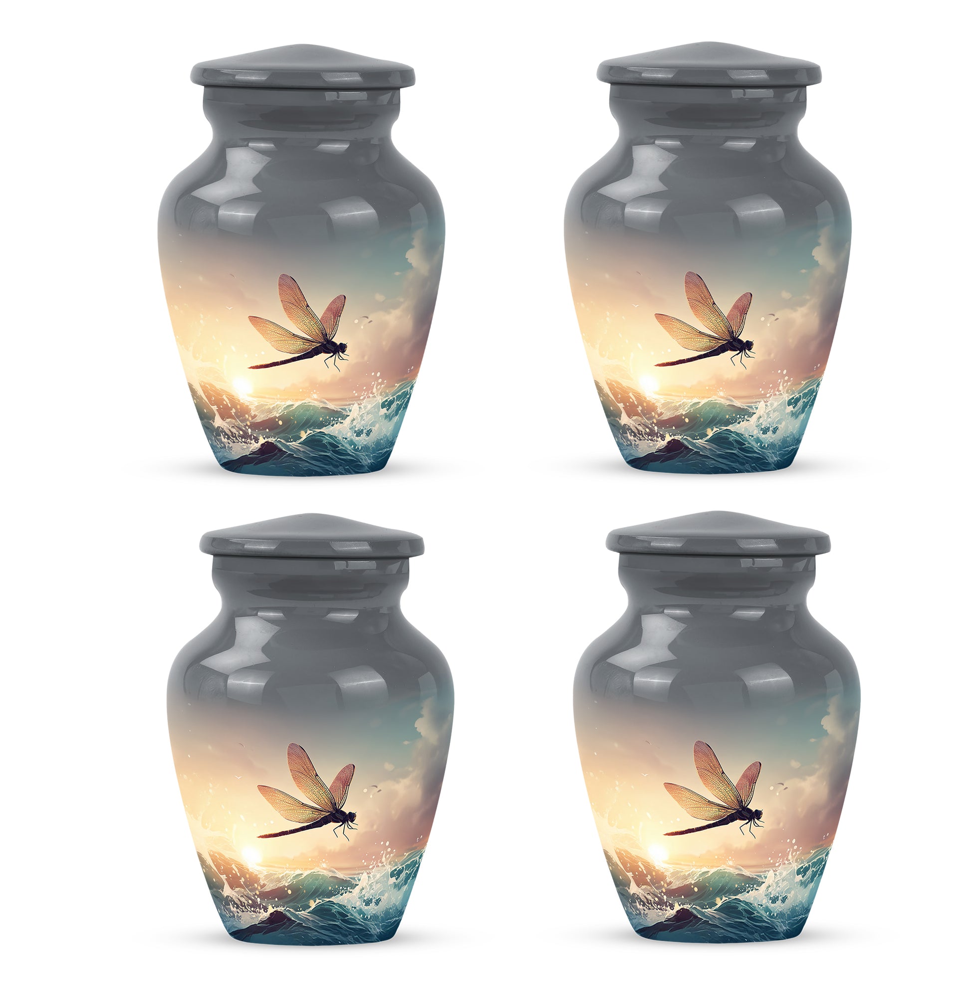 Ash Gray Dragonfly Cremation Urn side profile showing urn shape - traditional dragonfly engraving with hand-polished finish - 10 inch aluminum urn for cremated remains