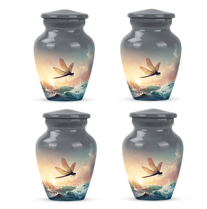 Ash Gray Dragonfly Cremation Urn side profile showing urn shape - traditional dragonfly engraving with hand-polished finish - 10 inch aluminum urn for cremated remains