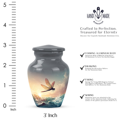 Charcoal Gray Dragonfly Cremation Urn close-up of engraving and surface detail - timeless dragonfly motif etched into premium metal - mini keepsake memorial for portion of cremation ashes
