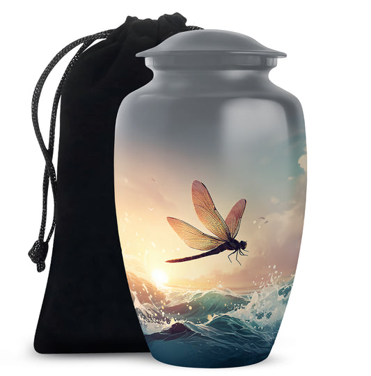 Slate Gray Dragonfly Cremation Urn angled view of lid and engraved motif - traditional dragonfly engraving with hand-polished finish - full-size 10 inch 200 cubic inch adult cremation urn