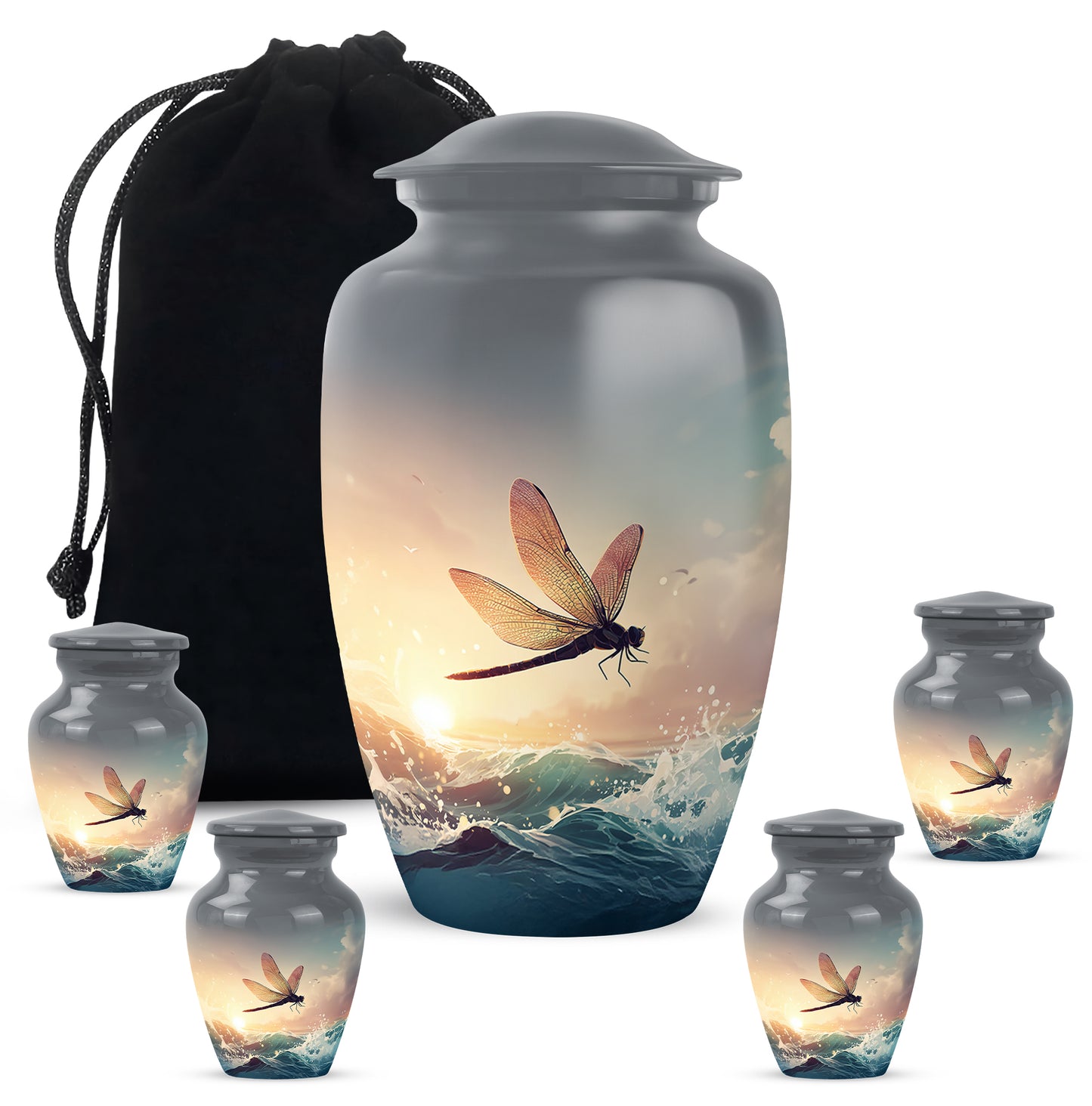 Silver Gray Dragonfly Cremation Urn top-down view of secure threaded lid - classic sculpted dragonfly pattern on smooth aluminum - memorial set with one large and four small urns