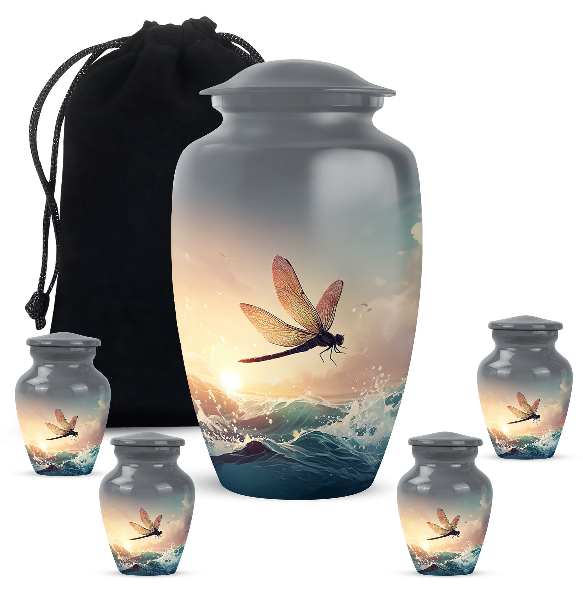 Silver Gray Dragonfly Cremation Urn top-down view of secure threaded lid - classic sculpted dragonfly pattern on smooth aluminum - memorial set with one large and four small urns
