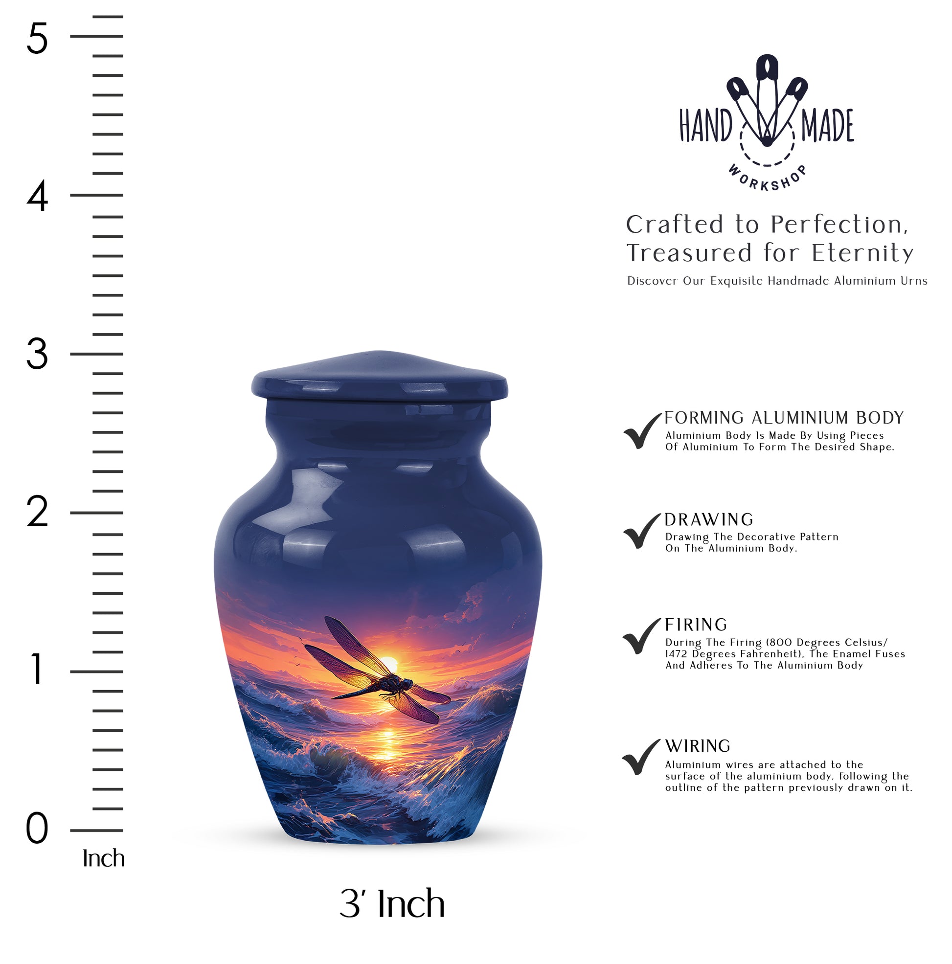 Pastel Blue Dragonfly Cremation Urn close-up of engraving and surface detail - timeless dragonfly motif etched into premium metal - mini keepsake memorial for portion of cremation ashes