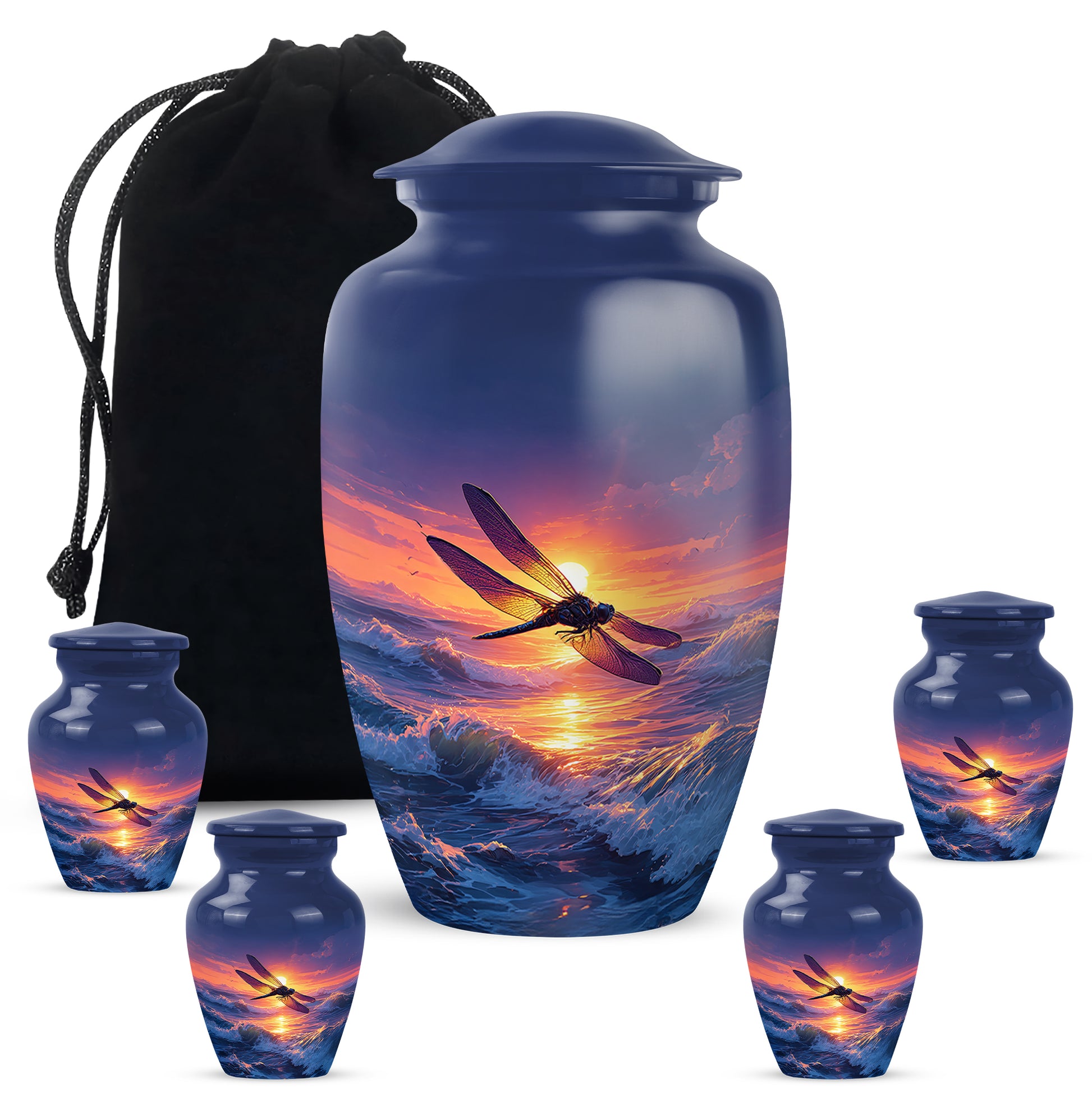 Cobalt Blue Dragonfly Cremation Urn top-down view of secure threaded lid - elegant classic dragonfly relief with fine detailing - memorial set with one large and four small urns