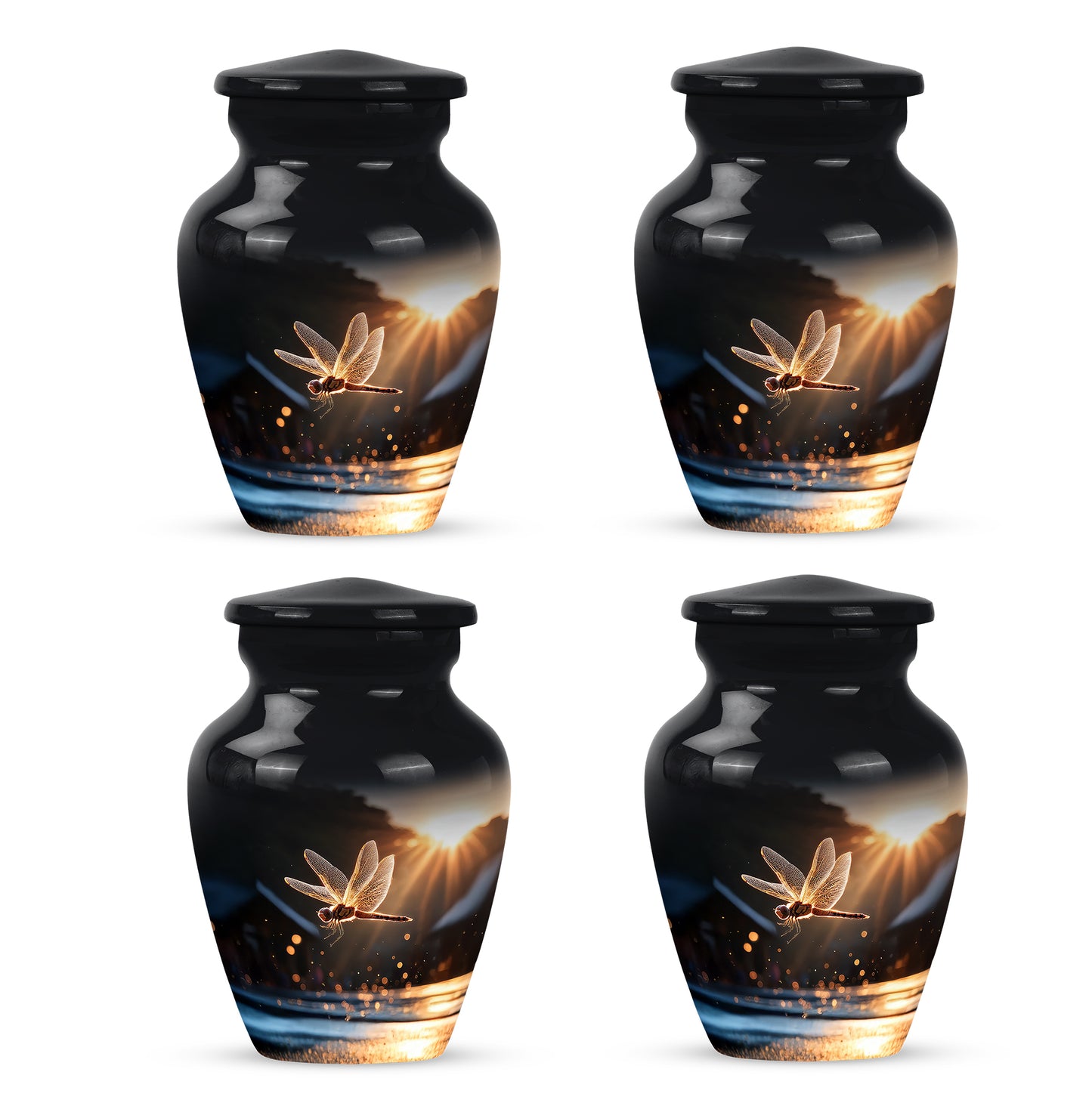Glossy Black Dragonfly Cremation Urn side profile showing urn shape - timeless dragonfly motif etched into premium metal - 10 inch aluminum urn for cremated remains