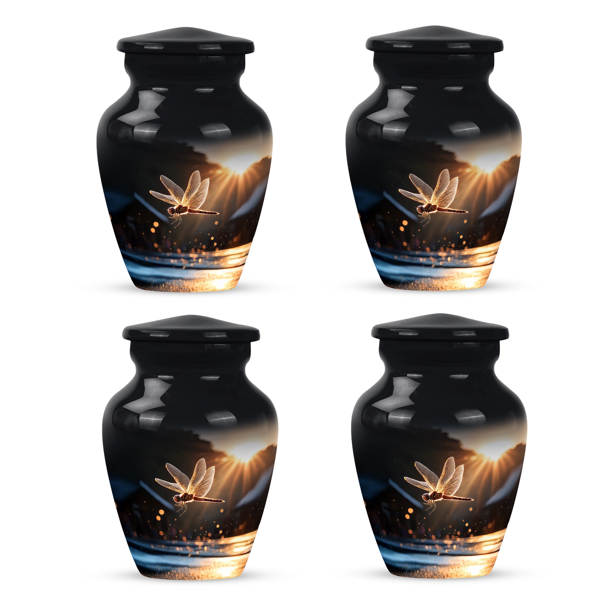 Glossy Black Dragonfly Cremation Urn side profile showing urn shape - timeless dragonfly motif etched into premium metal - 10 inch aluminum urn for cremated remains