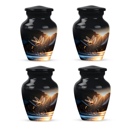 Glossy Black Dragonfly Cremation Urn side profile showing urn shape - timeless dragonfly motif etched into premium metal - 10 inch aluminum urn for cremated remains