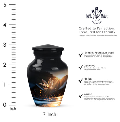 Onyx Black Dragonfly Cremation Urn close-up of engraving and surface detail - traditional dragonfly engraving with hand-polished finish - mini keepsake memorial for portion of cremation ashes