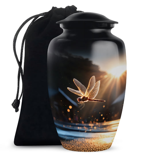 Ebony Dragonfly Cremation Urn angled view of lid and engraved motif - classic sculpted dragonfly pattern on smooth aluminum - full-size 10 inch 200 cubic inch adult cremation urn
