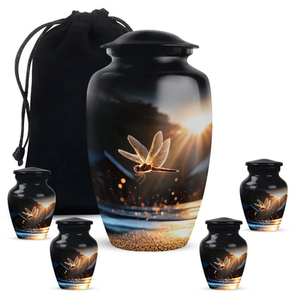 Midnight Black Dragonfly Cremation Urn top-down view of secure threaded lid - traditional dragonfly engraving with hand-polished finish - memorial set with one large and four small urns