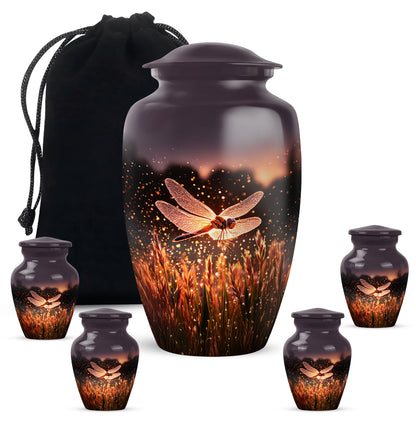 Peony Pink Dragonfly Cremation Urn top-down view of secure threaded lid - classic sculpted dragonfly pattern on smooth aluminum - memorial set with one large and four small urns
