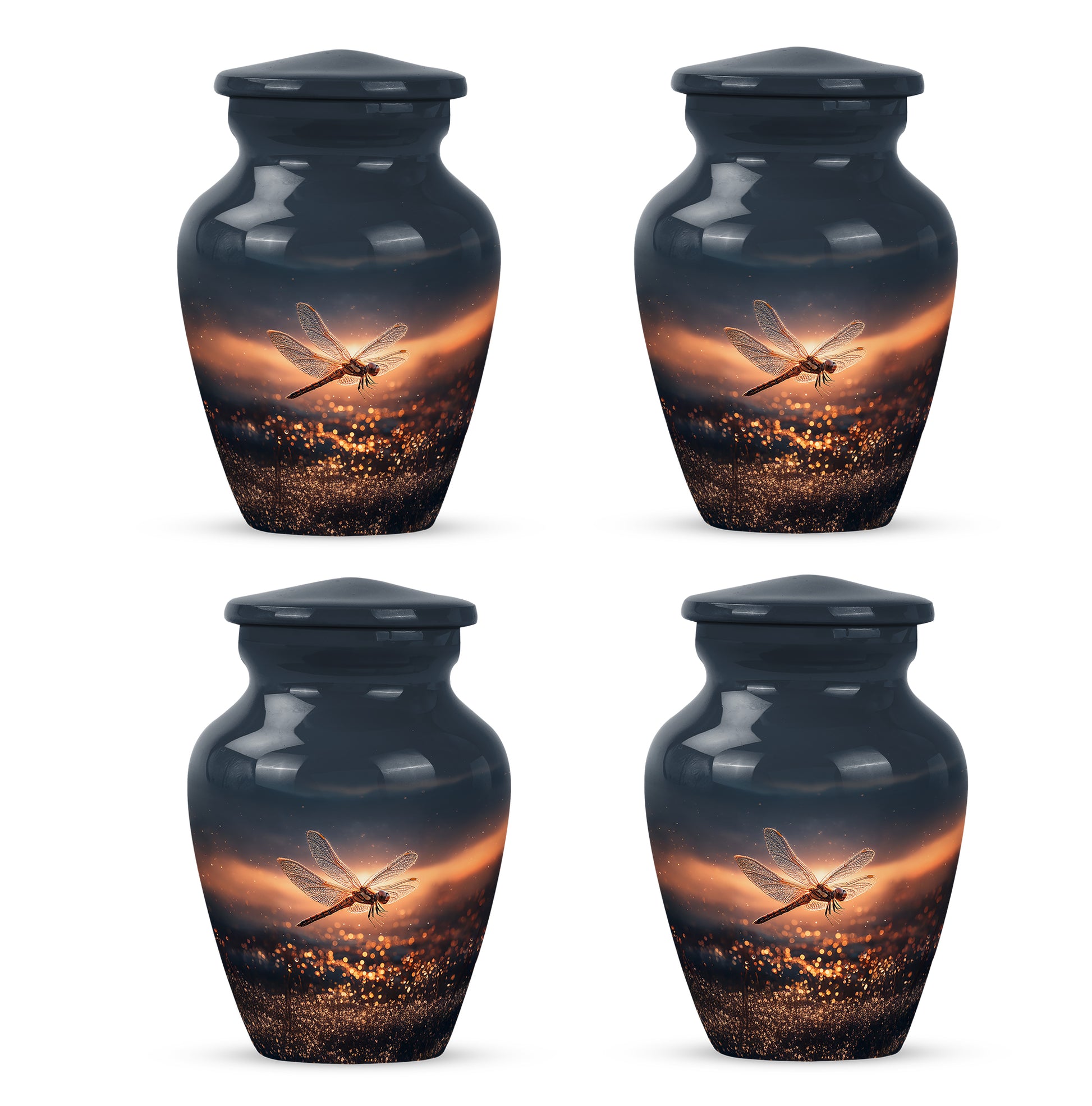 Sapphire Blue Dragonfly Cremation Urn side profile showing urn shape - elegant classic dragonfly relief with fine detailing - 10 inch aluminum urn for cremated remains