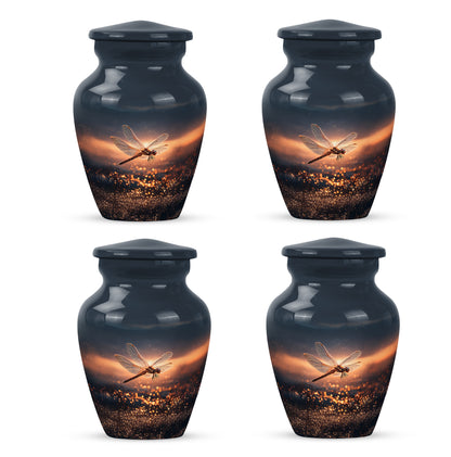 Sapphire Blue Dragonfly Cremation Urn side profile showing urn shape - elegant classic dragonfly relief with fine detailing - 10 inch aluminum urn for cremated remains