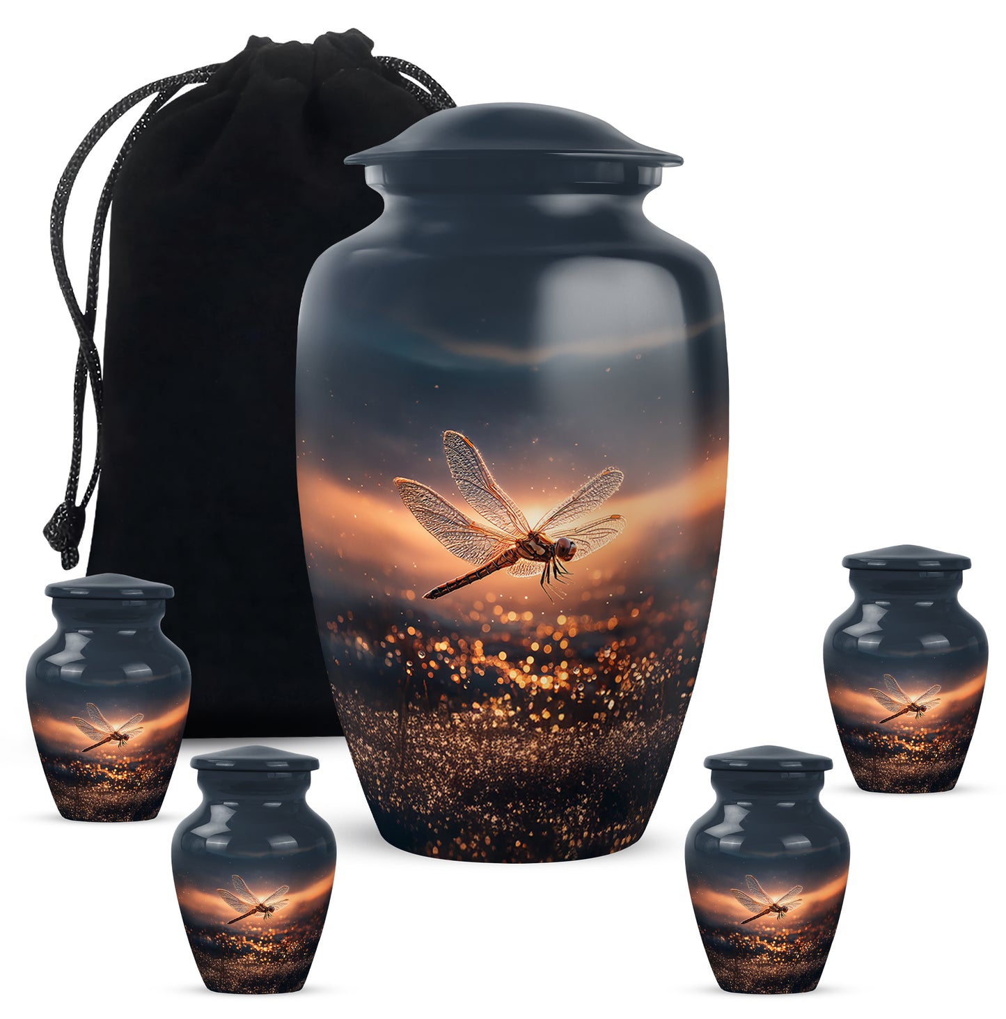 Soft Blue Dragonfly Cremation Urn top-down view of secure threaded lid - elegant classic dragonfly relief with fine detailing - memorial set with one large and four small urns