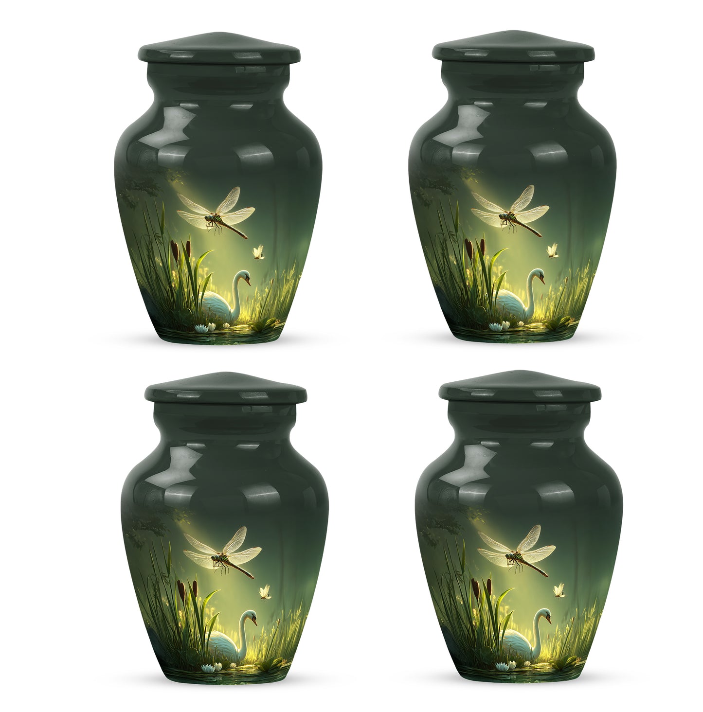 Forest Green Dragonfly Cremation Urn side profile showing urn shape - traditional dragonfly engraving with hand-polished finish - 10 inch aluminum urn for cremated remains