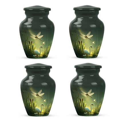 Forest Green Dragonfly Cremation Urn side profile showing urn shape - traditional dragonfly engraving with hand-polished finish - 10 inch aluminum urn for cremated remains