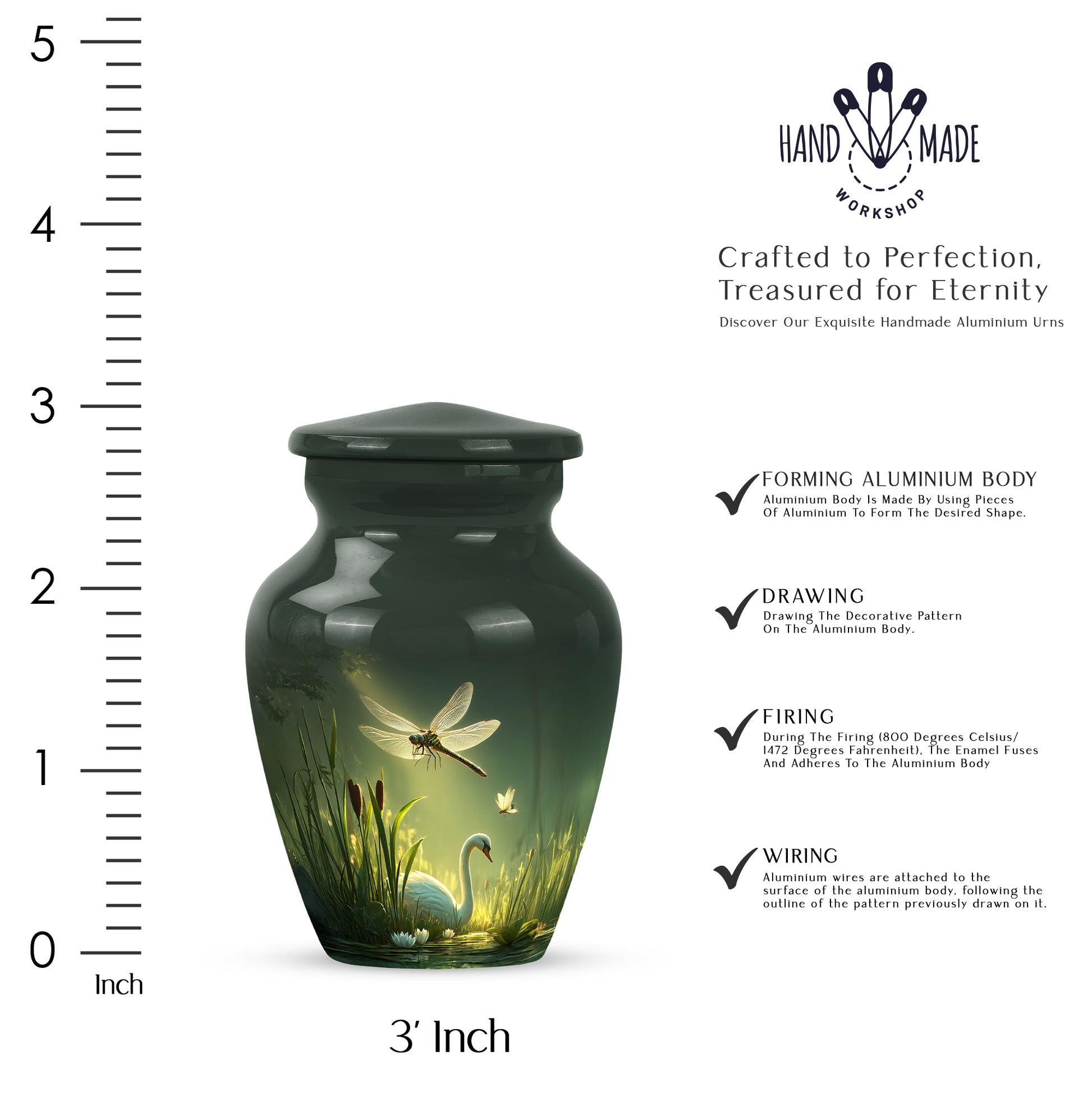 Mint Green Dragonfly Cremation Urn close-up of engraving and surface detail - traditional dragonfly engraving with hand-polished finish - mini keepsake memorial for portion of cremation ashes