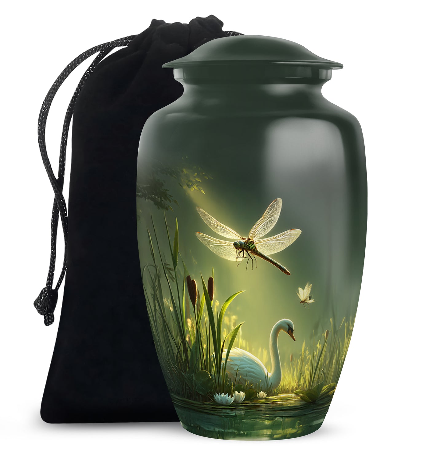 Forest Green Dragonfly Cremation Urn angled view of lid and engraved motif - elegant classic dragonfly relief with fine detailing - full-size 10 inch 200 cubic inch adult cremation urn