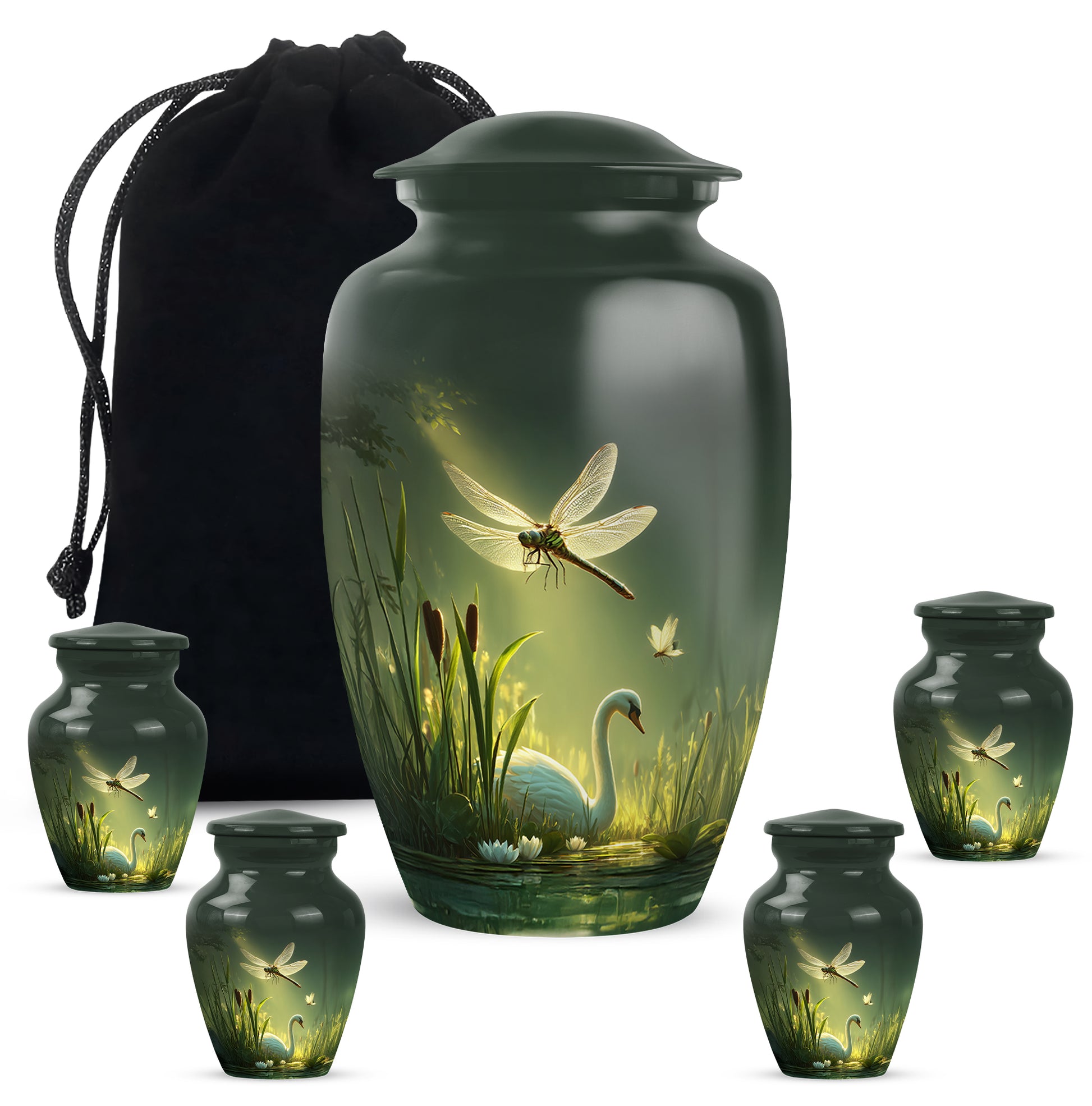 Emerald Green Dragonfly Cremation Urn top-down view of secure threaded lid - timeless dragonfly motif etched into premium metal - memorial set with one large and four small urns