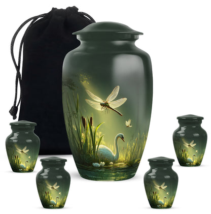 Emerald Green Dragonfly Cremation Urn top-down view of secure threaded lid - timeless dragonfly motif etched into premium metal - memorial set with one large and four small urns