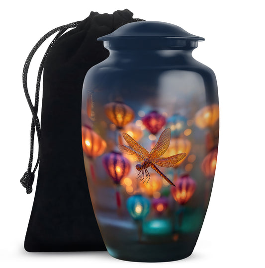Cornflower Blue Dragonfly Cremation Urn angled view of lid and engraved motif - elegant classic dragonfly relief with fine detailing - full-size 10 inch 200 cubic inch adult cremation urn