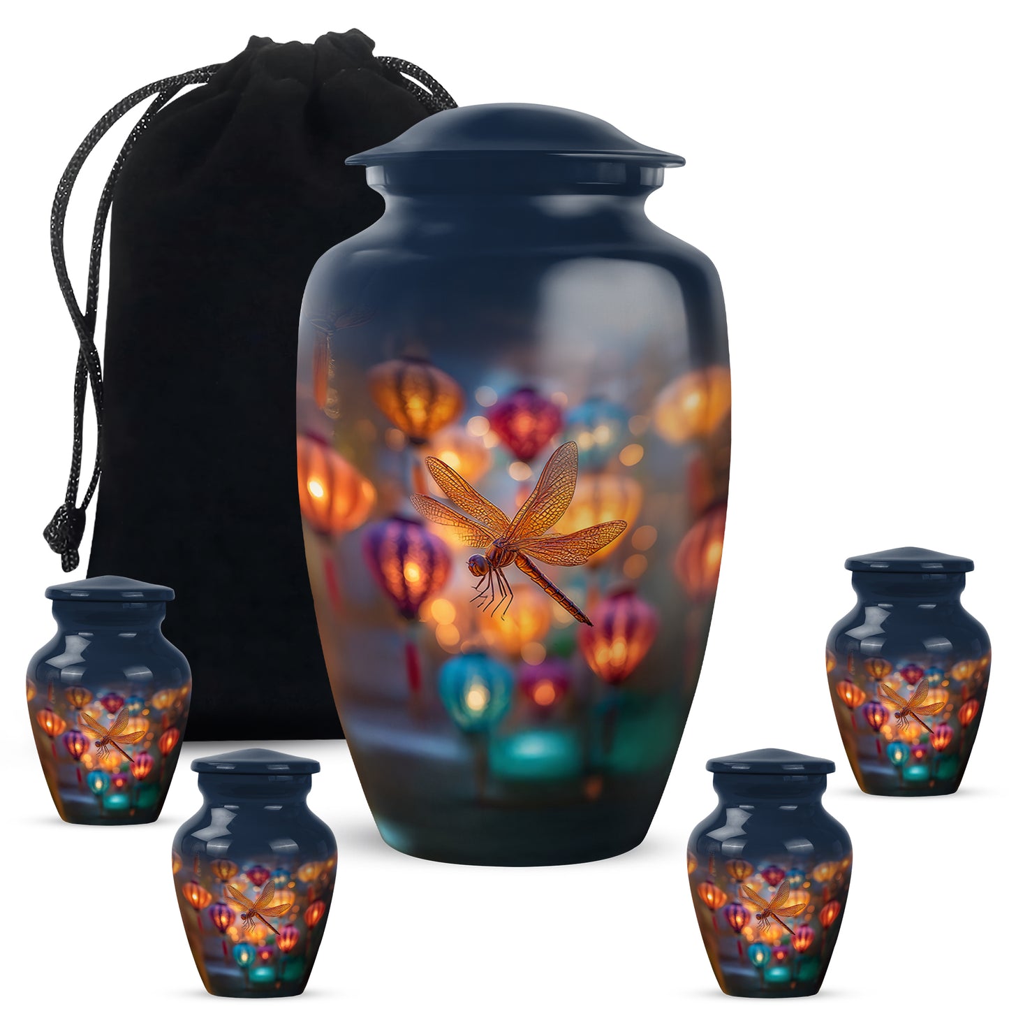 Bright Blue Dragonfly Cremation Urn top-down view of secure threaded lid - elegant classic dragonfly relief with fine detailing - memorial set with one large and four small urns