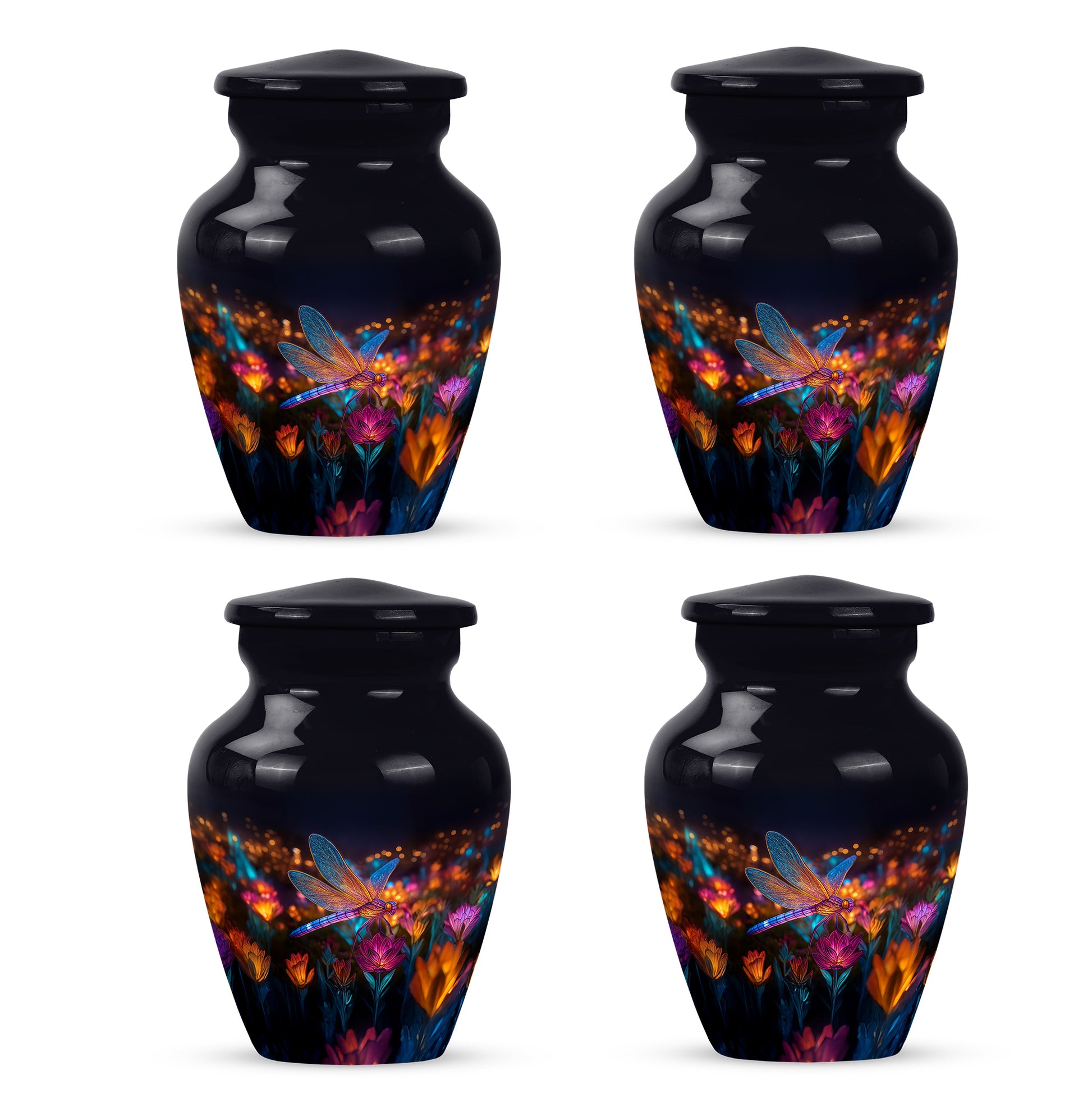 Jet Black Dragonfly Cremation Urn side profile showing urn shape - classic sculpted dragonfly pattern on smooth aluminum - 10 inch aluminum urn for cremated remains