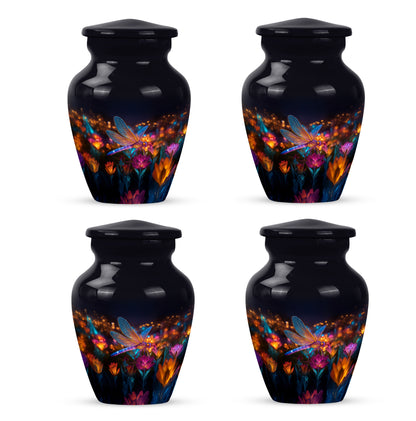 Jet Black Dragonfly Cremation Urn side profile showing urn shape - classic sculpted dragonfly pattern on smooth aluminum - 10 inch aluminum urn for cremated remains