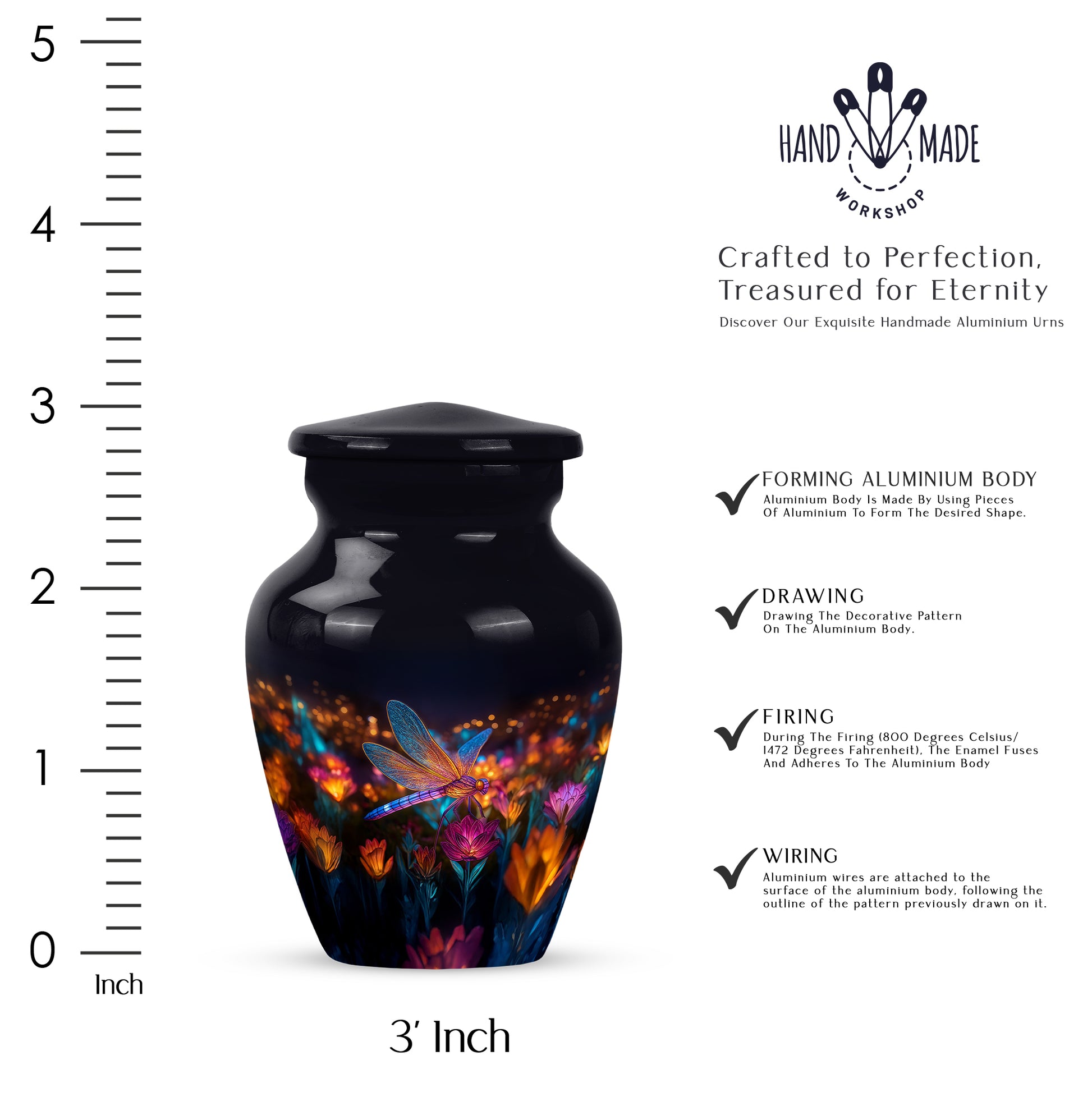 Glossy Black Dragonfly Cremation Urn close-up of engraving and surface detail - classic sculpted dragonfly pattern on smooth aluminum - mini keepsake memorial for portion of cremation ashes
