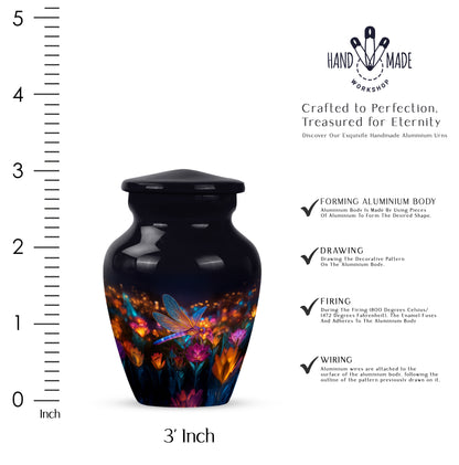 Glossy Black Dragonfly Cremation Urn close-up of engraving and surface detail - classic sculpted dragonfly pattern on smooth aluminum - mini keepsake memorial for portion of cremation ashes