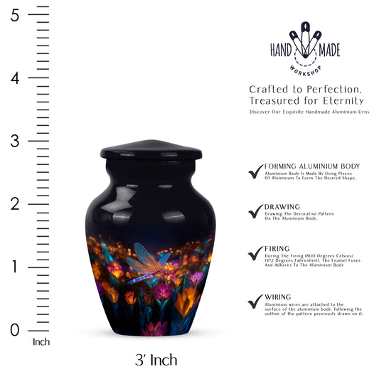 Glossy Black Dragonfly Cremation Urn close-up of engraving and surface detail - classic sculpted dragonfly pattern on smooth aluminum - mini keepsake memorial for portion of cremation ashes