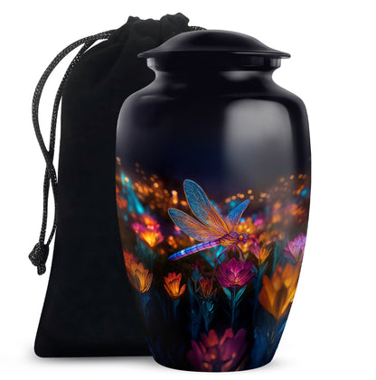 Onyx Black Dragonfly Cremation Urn angled view of lid and engraved motif - traditional dragonfly engraving with hand-polished finish - full-size 10 inch 200 cubic inch adult cremation urn