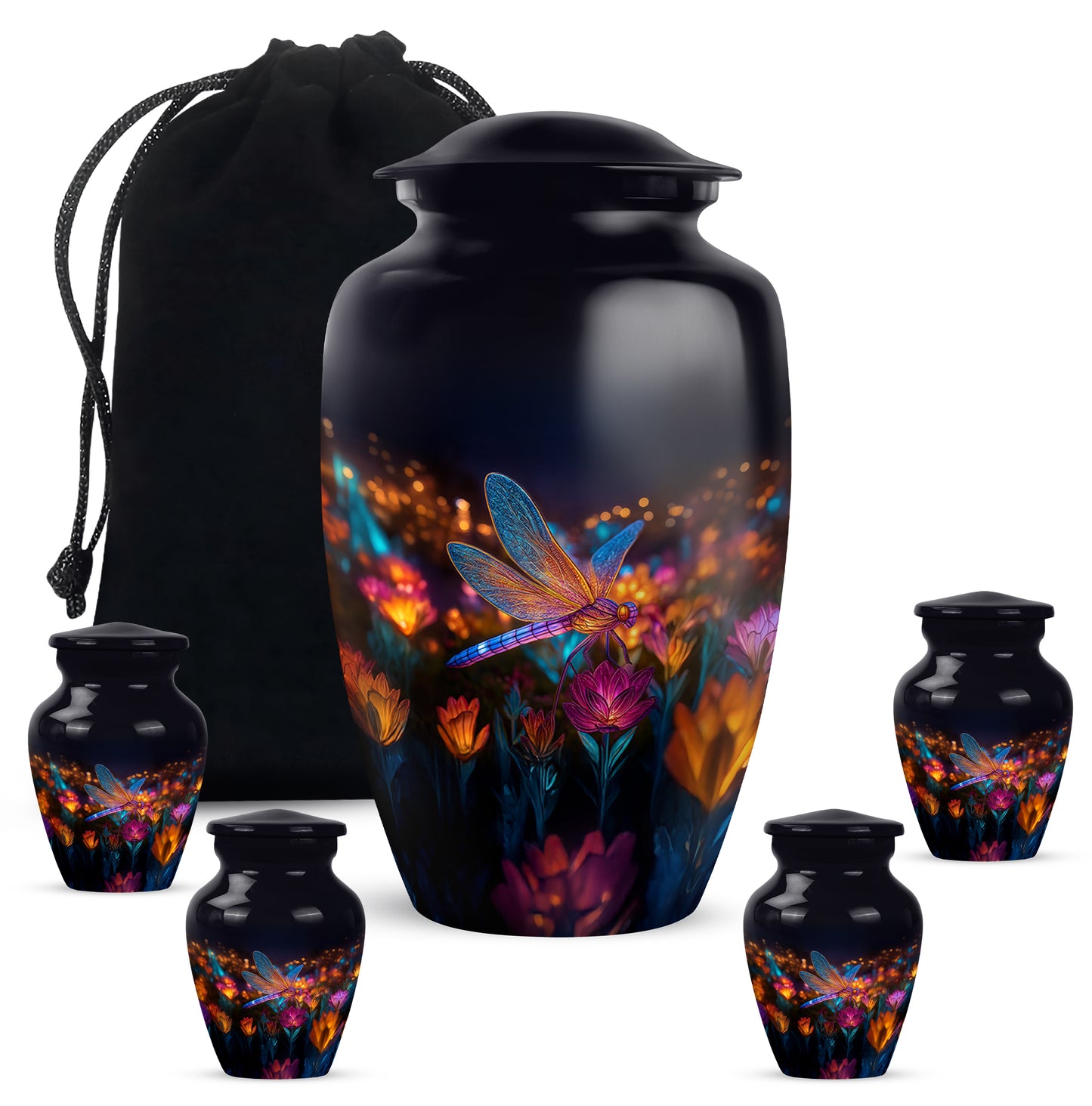 Rich Black Dragonfly Cremation Urn top-down view of secure threaded lid - classic sculpted dragonfly pattern on smooth aluminum - memorial set with one large and four small urns