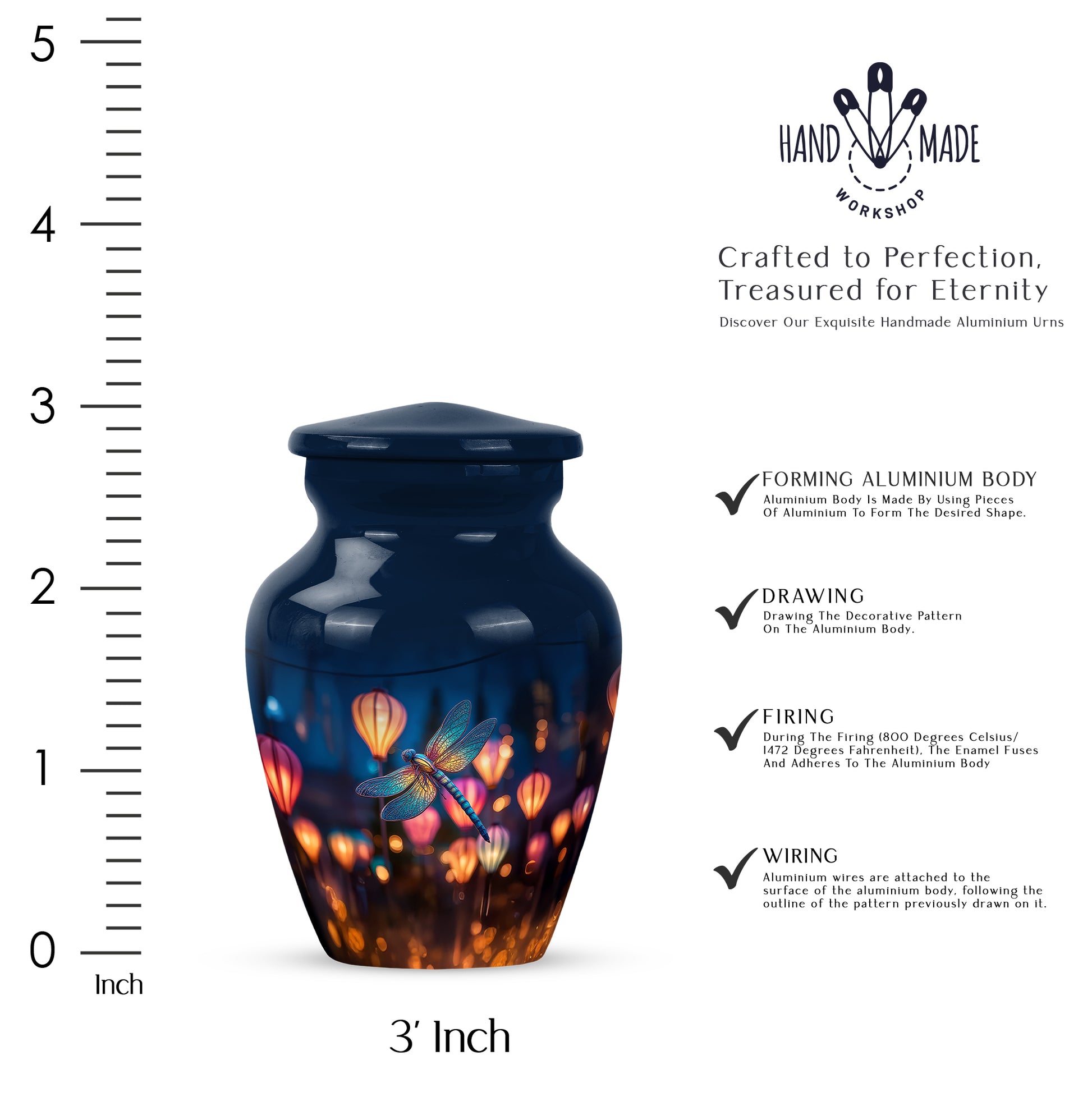 Calming Blue Dragonfly Cremation Urn close-up of engraving and surface detail - traditional dragonfly engraving with hand-polished finish - mini keepsake memorial for portion of cremation ashes