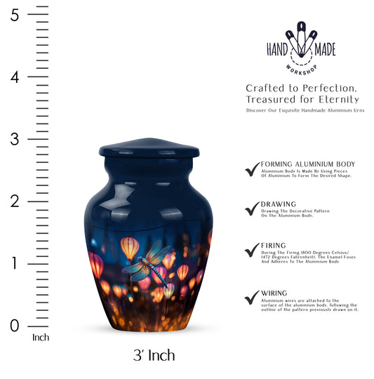 Calming Blue Dragonfly Cremation Urn close-up of engraving and surface detail - traditional dragonfly engraving with hand-polished finish - mini keepsake memorial for portion of cremation ashes