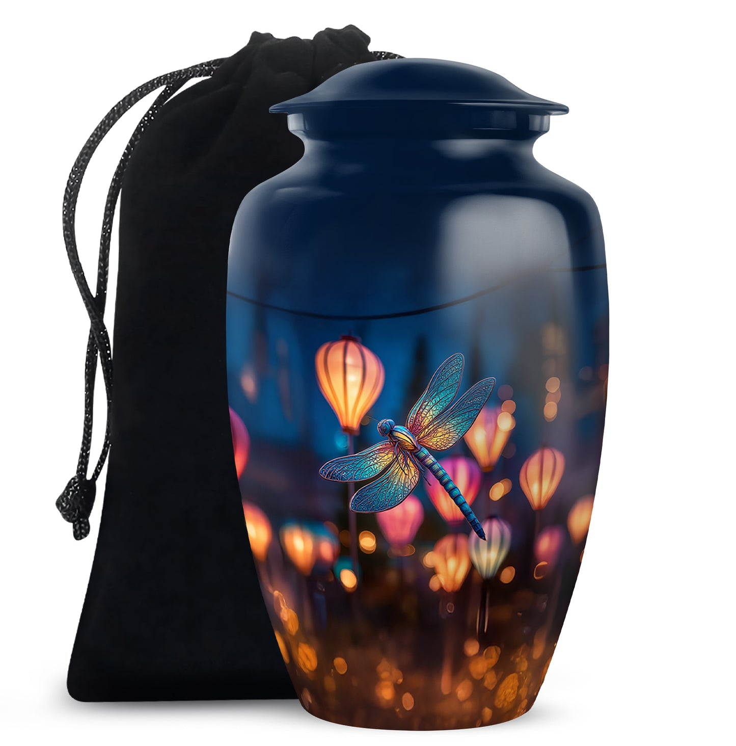 Powder Blue Dragonfly Cremation Urn angled view of lid and engraved motif - timeless dragonfly motif etched into premium metal - full-size 10 inch 200 cubic inch adult cremation urn