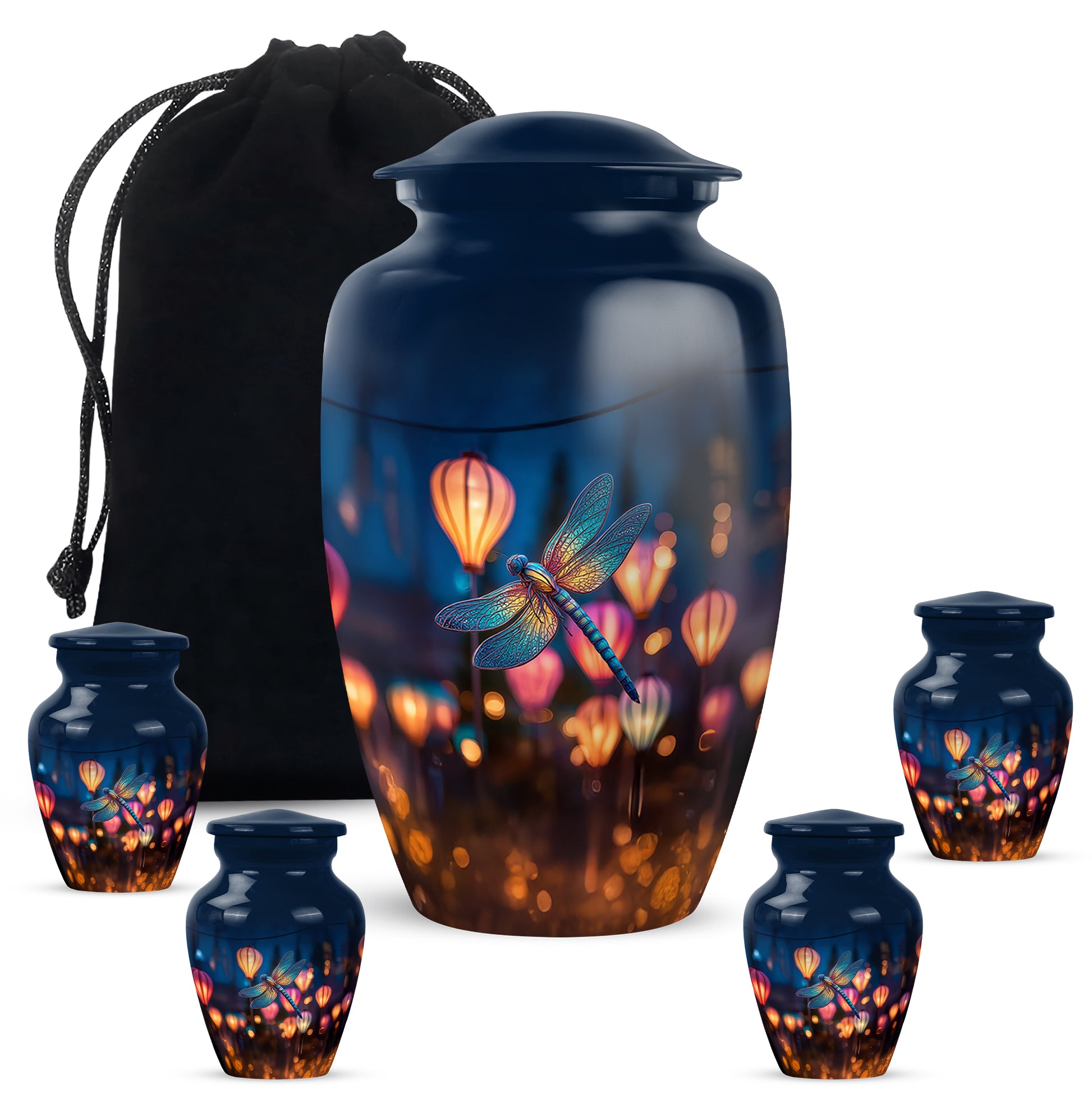 Vivid Blue Dragonfly Cremation Urn top-down view of secure threaded lid - traditional dragonfly engraving with hand-polished finish - memorial set with one large and four small urns