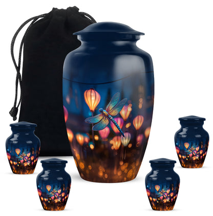 Vivid Blue Dragonfly Cremation Urn top-down view of secure threaded lid - traditional dragonfly engraving with hand-polished finish - memorial set with one large and four small urns